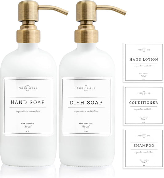 Vine Creations White Glass Soap Dispenser, 2 Pack Kitchen Soap Dispenser Set with Stainless Steel Pump, 16 oz Dish Soap and Hand Soap Dispensers for Bathroom with Waterproof Labels