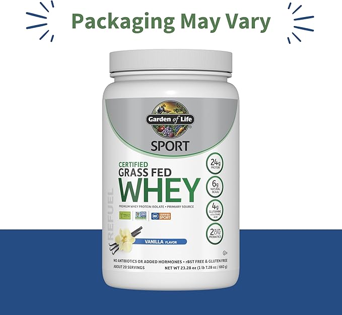 Garden of Life SPORT Whey Protein Powder Vanilla, Premium Grass Fed Whey Protein Isolate plus Probiotics for Immune System Health, 24g Protein, Non GMO, Gluten Free, Cold Processed - 20 Servings
