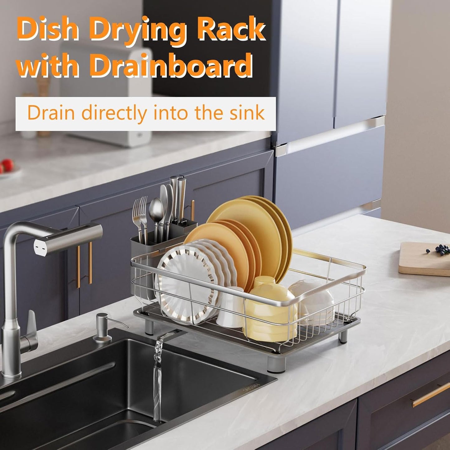 Stainless Steel Dish Drying Rack with Drainboard Dish Drainers for Kitchen Counter Extendable Spout Strainers with Utensil Holder and Knife Slots, Grey