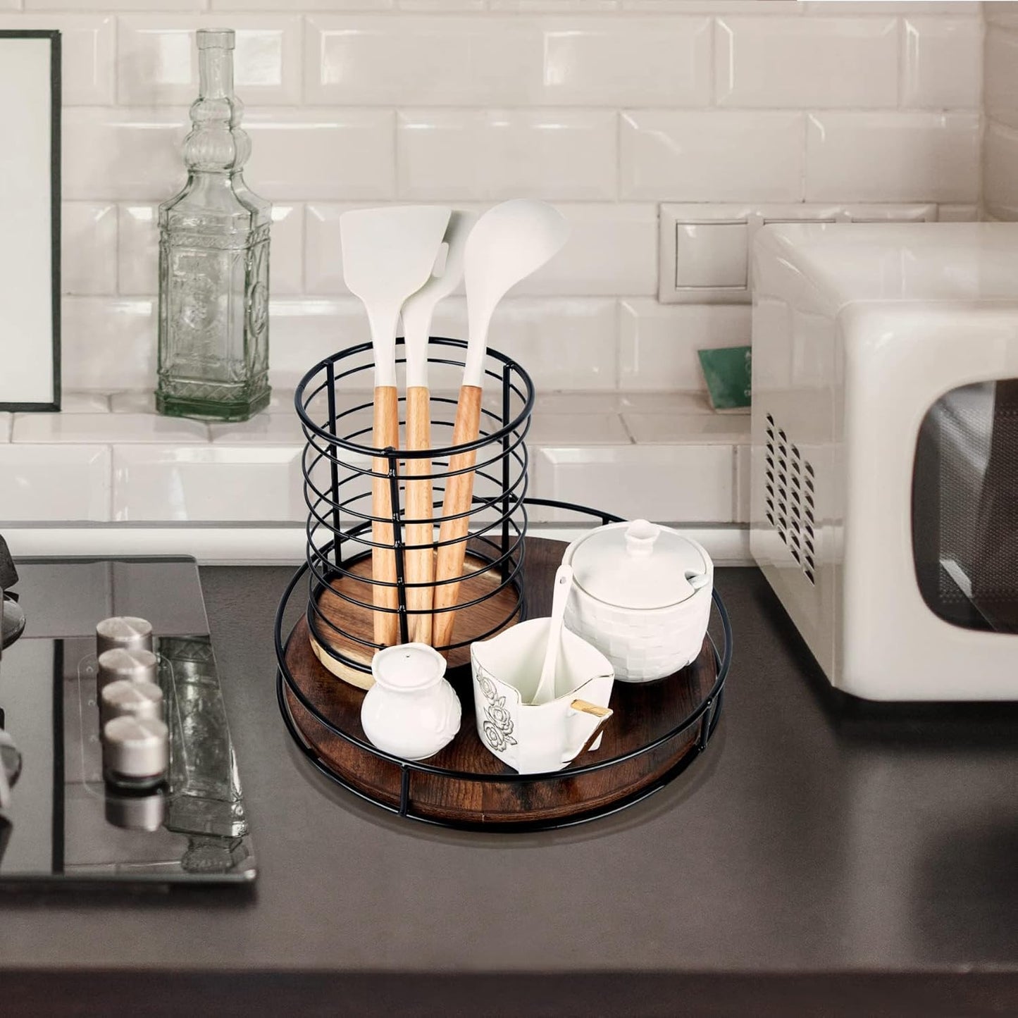 12 Inch Wood Lazy Susan, Rustic Brown Turntable Organizer with Steel Frame, 360 Degree Decorative Turntable for Countertop or Centerpieces