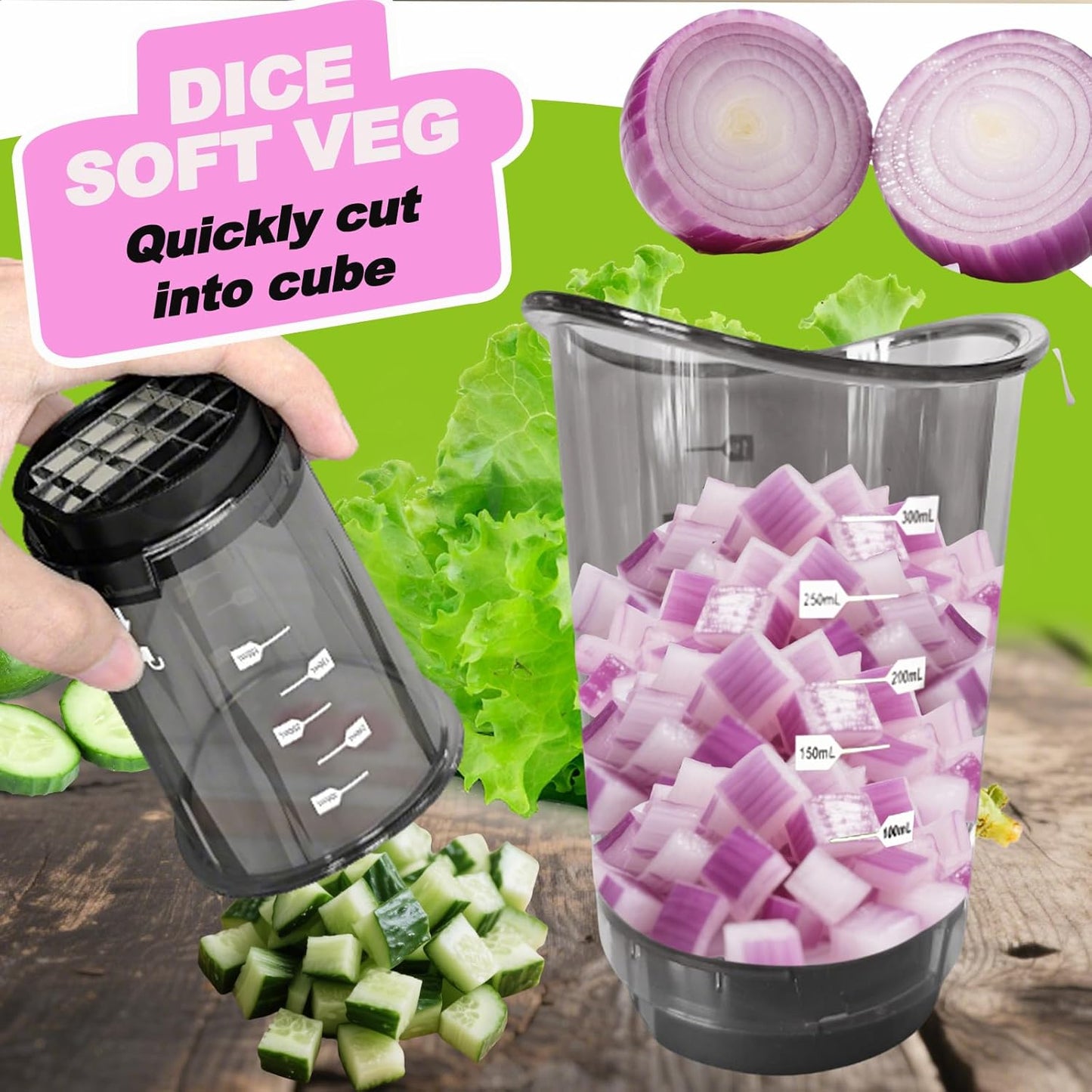 NOVANO Fruit & Onion Cutter Vegetable Chopper Cup, Detachable Fruit Cutter Slicer with Push Plate,Cut fruits and vegetables evenly into cubes,Slicing Gadget for Easy Food Prep Home Use