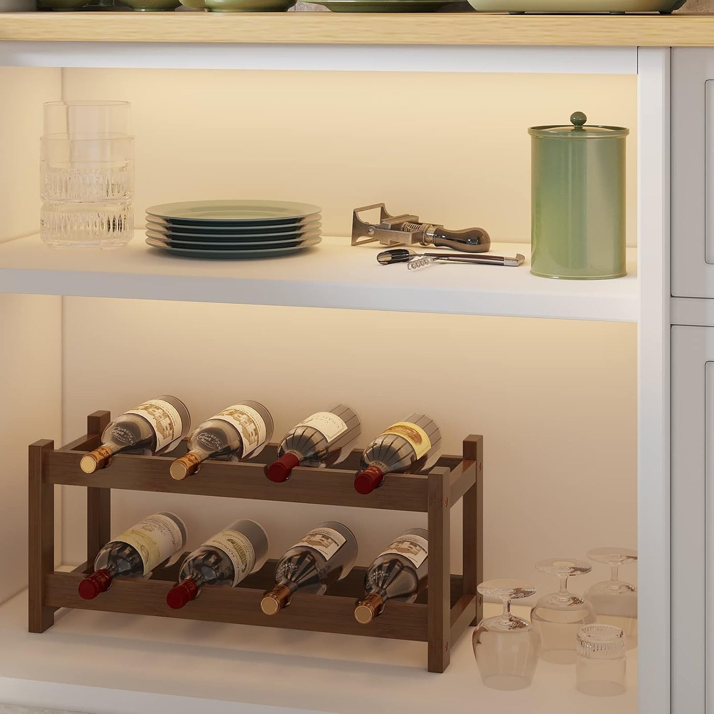 BAMEOS Bamboo Wine Rack, 2 Tier Wine Racks Countertop Storage, Wine Bottle Holder Wine Rack freestanding Floor for Kitchen, Bar, Pantry, Wine Cellar, Basement,Study，Maroon (16.85 L x 9.25W x 7H)