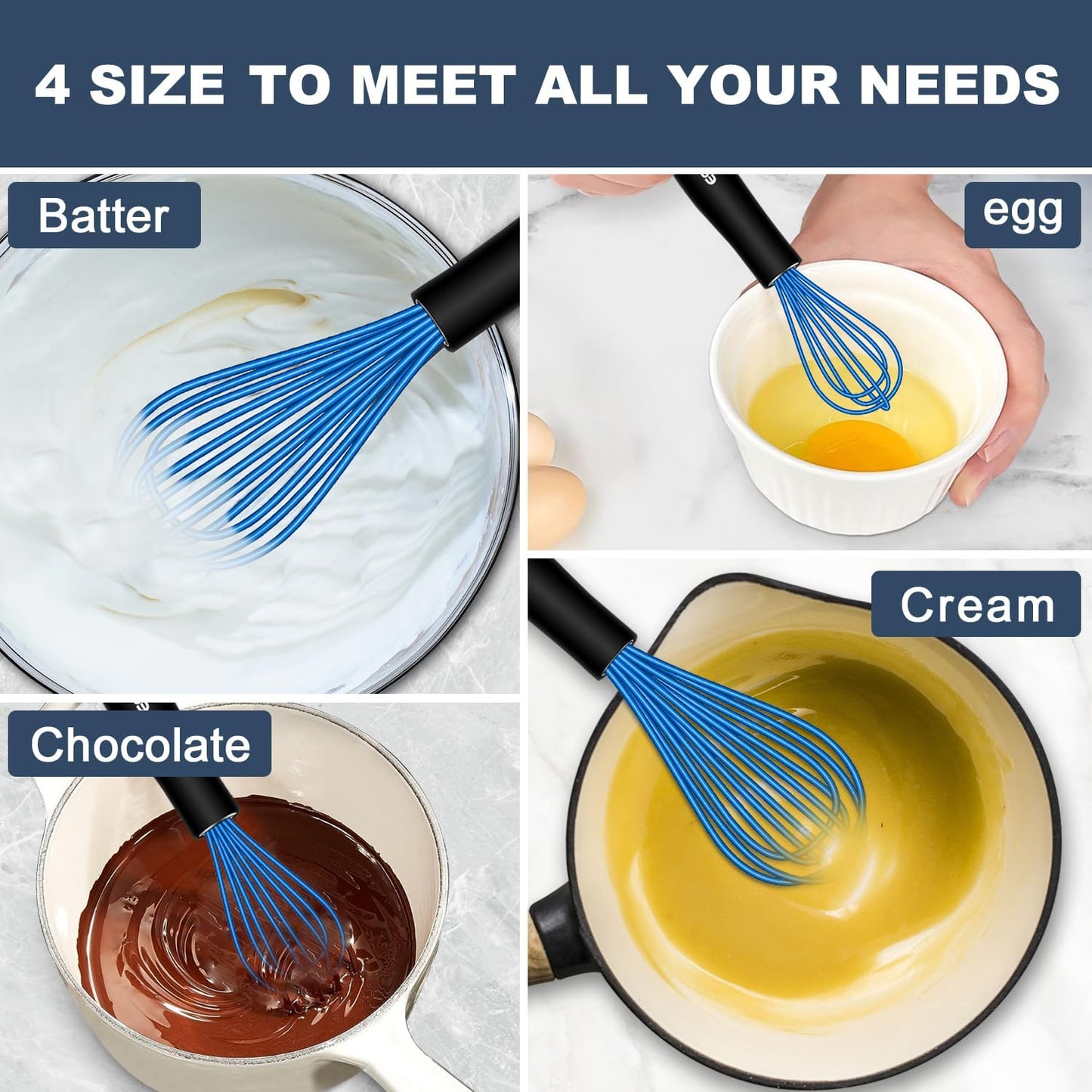 Silicone Whisk, Whisk Non Scratch Whisk for Cooking, 5+7+9+11in Balloon Whisk, Suitable for Mixing, Blending. 11in Flat Whisk great for Ceramic Coated pans and Wider shallower pots. (Blue)