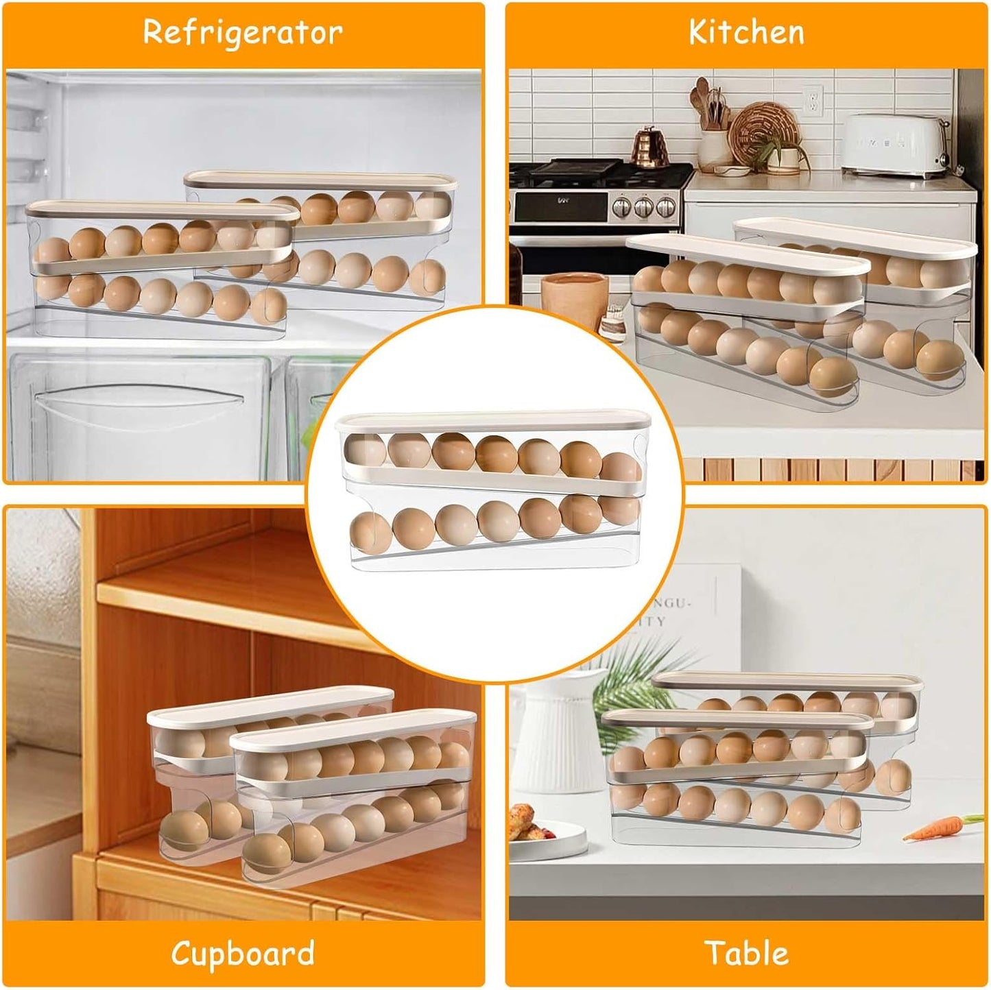 Longzhuo Egg Holder for Fridge, 2 Pcs 2 Layers Auto Rolling Egg Organizer for Refrigerator, for Refrigerator, Countertop, Pantry Organizers and Storage, Clear