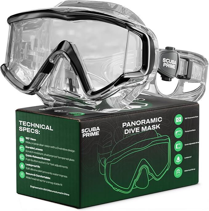Pano 3 Scuba Diving Mask, Tempered Glass Snorkel Mask Three-Window Scuba Mask No-Leak Dive Mask Silicone Skirt Diving Mask for Snorkeling and Scuba Use