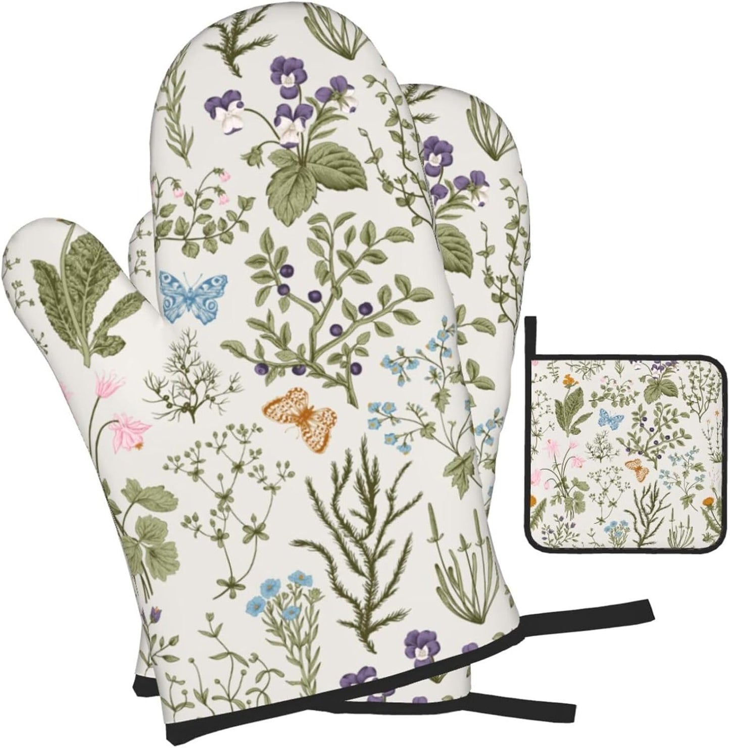 Vintage Floral Oven Mitts and Pot Holders Sets of 3 Cute Botanic Hot Pads Herbs and Wild Flowers Oven Gloves Heat Resistant Washable for Kitchen Cooking Grilling Baking