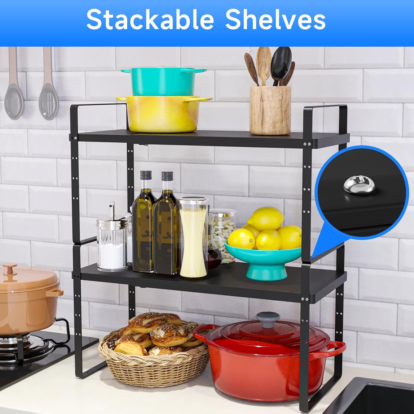 Expandable Cabinet Shelf Organizer, Stackable Kitchen Pantry Counter Storage, Adjustable Closet Cupboard Stand Rack Risers Spice Organization 80LBS Heavy Duty Black Small 1 Pack