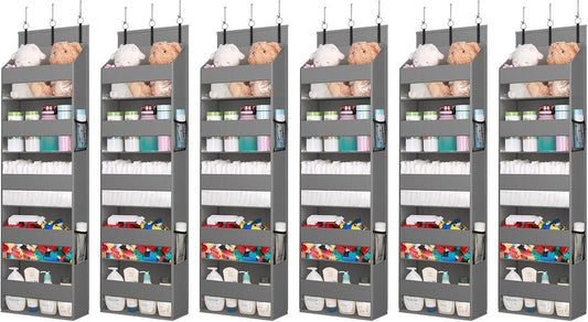Lifewit 6 Packs Over the Door Organizer, 5 Shelf Clear Window Hanging Storage with 4 Mesh Side Pockets, Anti Tilt 40 lbs Load Behind Door for Pantry, Nursery, Bathroom, Bedroom, Kitchen, Dorm, Grey