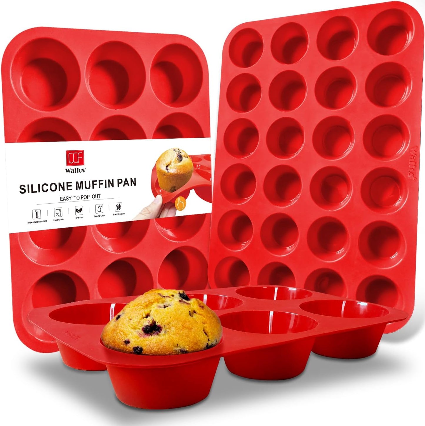 Walfos Silicone Muffin Pan - Cupcake Pans Set of 3, Including 24 Cups Mini Muffin Pans, 12 Cups Regular & 6 Cups Jumbo Muffin Pan, Pop Out Easily - BPA Free & Dishwasher Safe