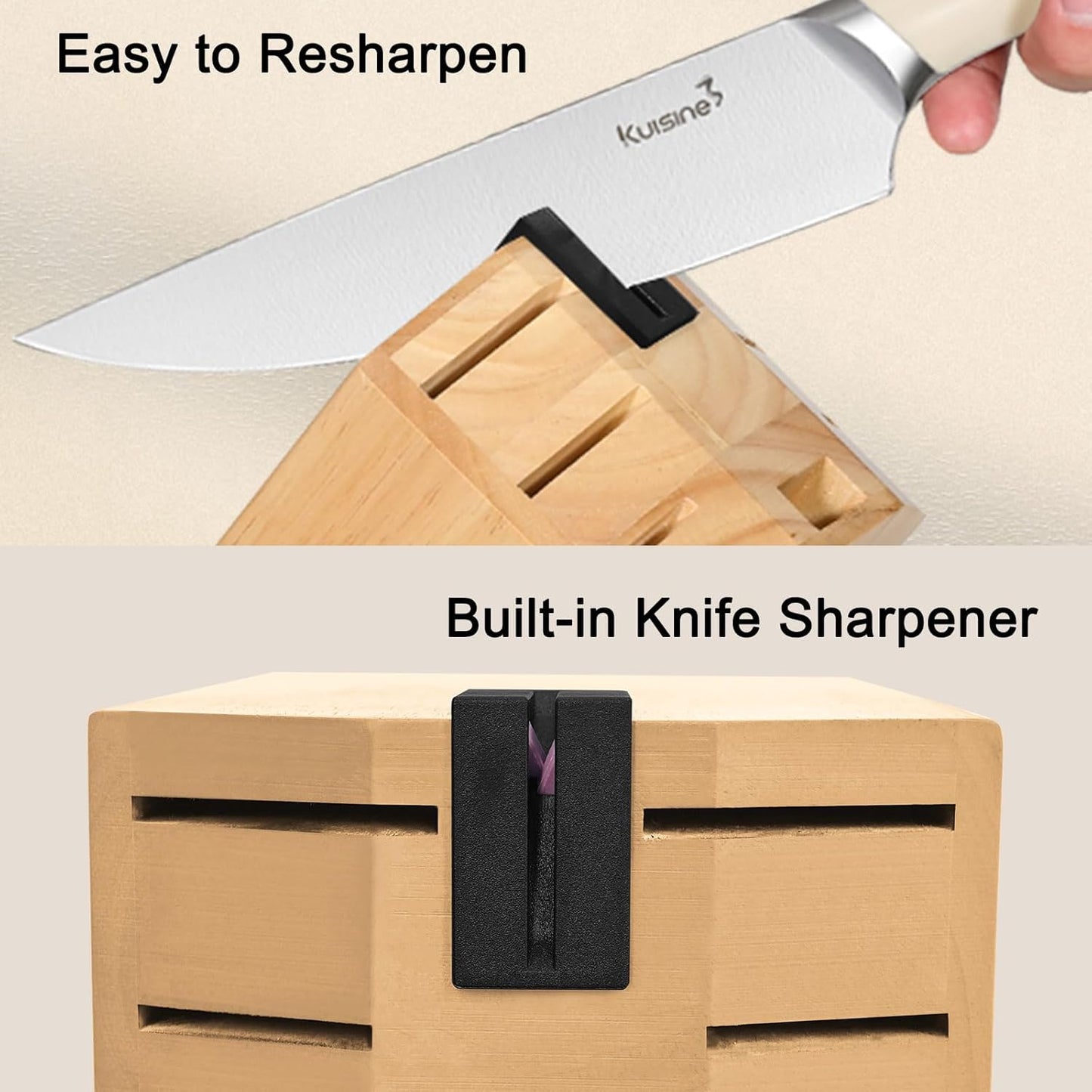 Kuisine Chef Knife Set,High Carbon Stainless Steel Block Knife Set,Knife Block Set with Built-in Sharpener,Sharp Knife Set Forged,Elegant Gift(Ivory,15pcs）