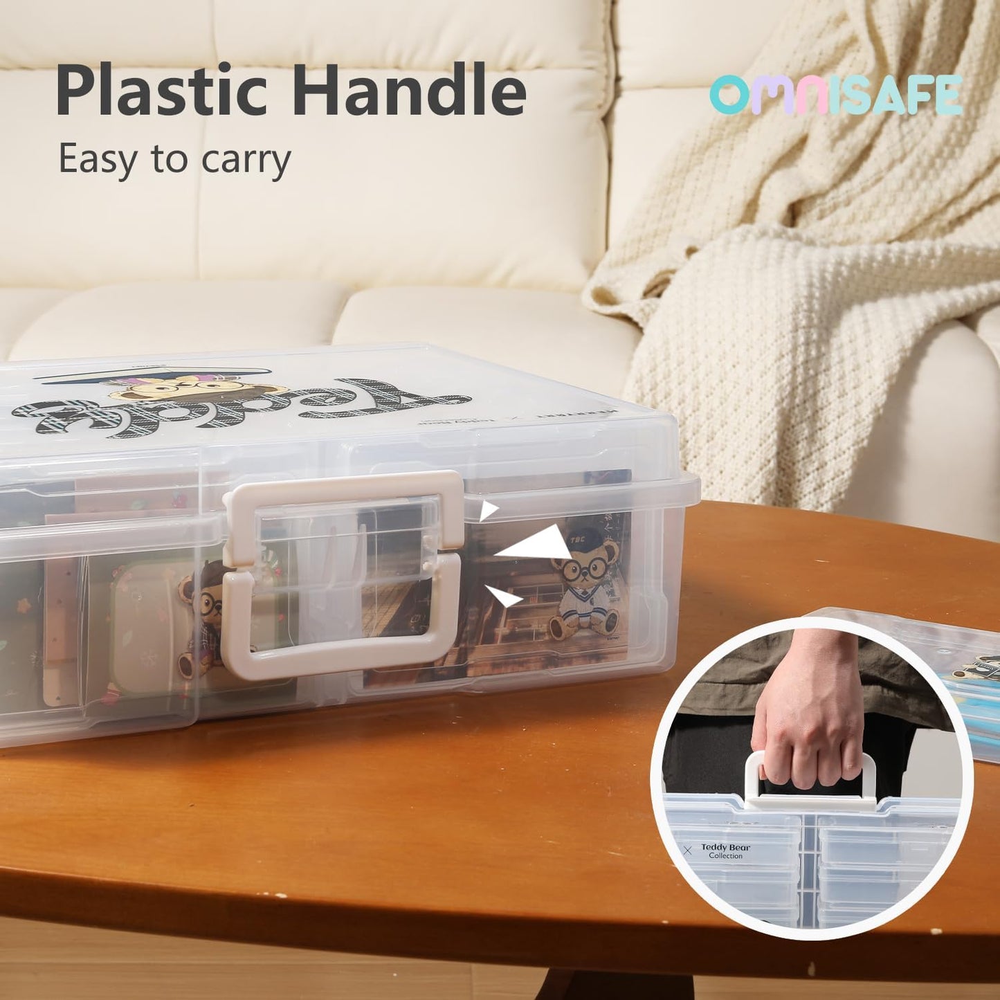 OMNISAFE 4x6 Photo Organizer Cases, Teddy Bear 16 Pack Plastic Craft Storage Container, Box for Pictures, Crafts, Scrapbooking, Transparent Photo Keeper with Handle (Campus Brown)