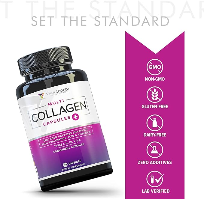 Multi Collagen Peptides Capsules for Women - Hydrolyzed Collagen for Women Pills with Types I II III V & X Plus Vitamin C & Hyaluronic Acid for Beautiful Hair Skin and Nails - 30 Servings