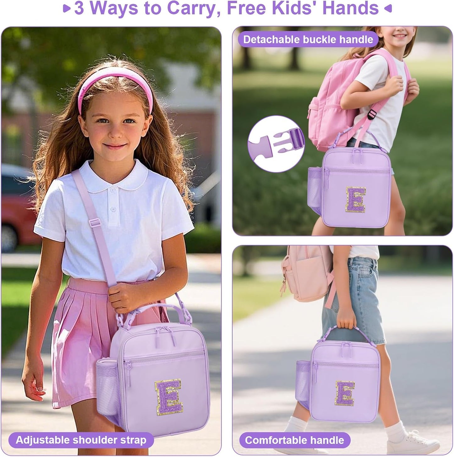 Initial Insulated Lunch Bag for Girls Kids, Back to School Gift, Reusable Leak-proof Lunch Box with Adjustable Strap for School Daycare Travel Picnic (Purple,E)