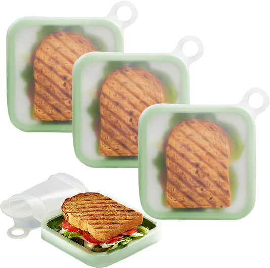 3 Pcs Sandwich Containers, Silicone Sandwich Storage for Lunch Boxes, BPA Free, Leakproof, Reusable Sandwich Holder for Fruit,Salad,Snacks and Food Storage, Microwave Freezer & Dishwasher Safe (Green)
