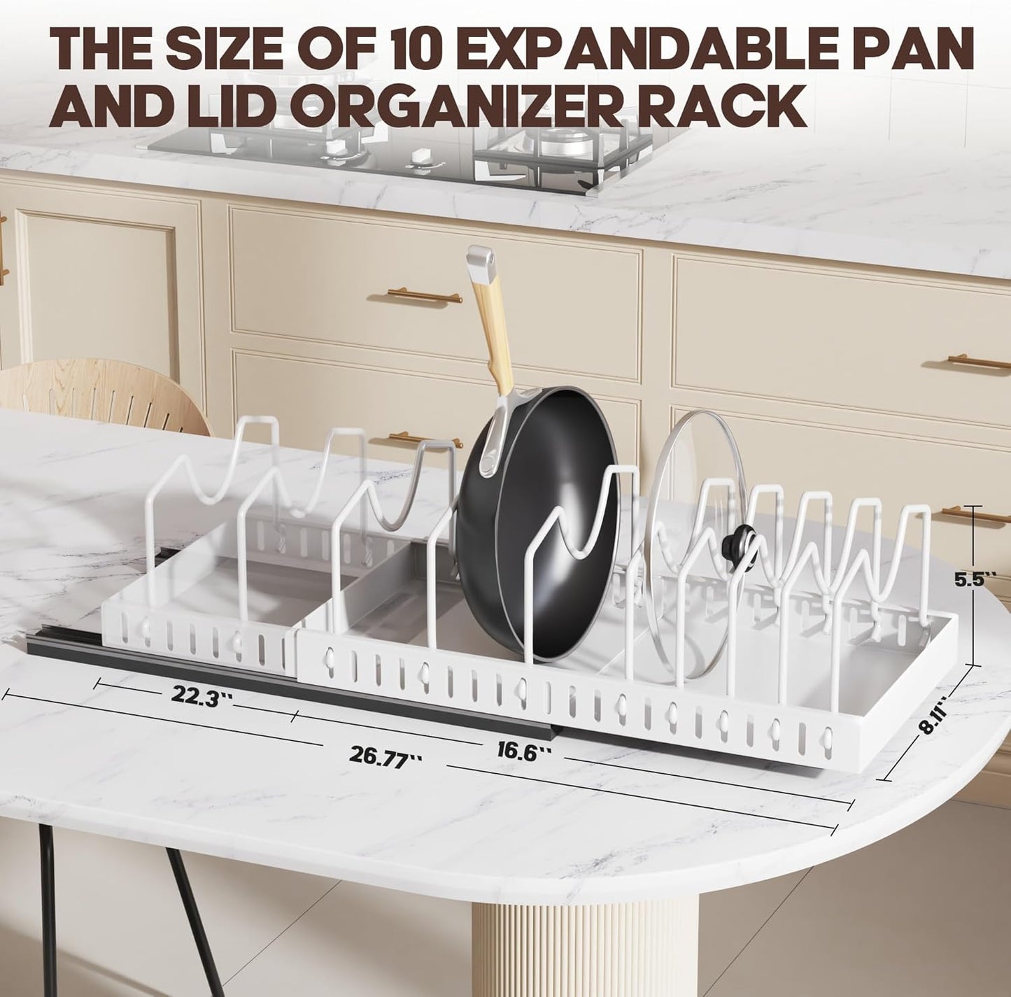 Pull Out Pots and Pans Organizer Under Cabinet, Expandable Sliding Lid Holder and Pan Rack for Kitchen, Slide Out inside Cabinet for Pot Lid, Bakeware, Dishes, 10 Adjustable Dividers, 2 Pack White
