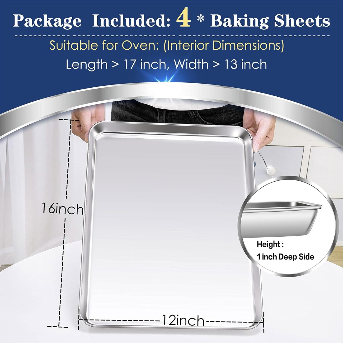 P&P CHEF 16 Inch Baking Cookie Sheet, Oven Pan Tray Stainless Steel Sheet Pan for Kitchen, Oven Bakeware for Multi Uses, Shiny Look & Dishwasher Safe, Healthy & Heavy Duty, 4Pcs