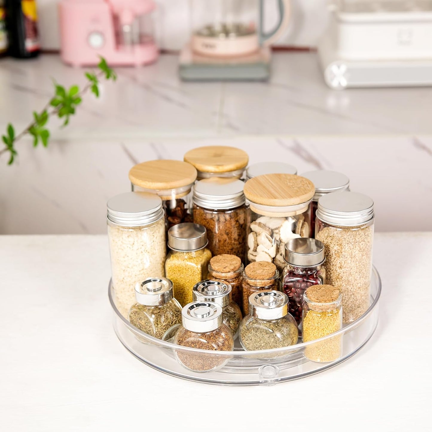 4 Pack Lazy Susan 9.2" Inch Turntable Organizer Pantry Organization and Storage Container Bins Spice Rack Cabinet Rotating Condiment for Pantry Kitchen Vanity Bathroom Jewelry Holder Clear