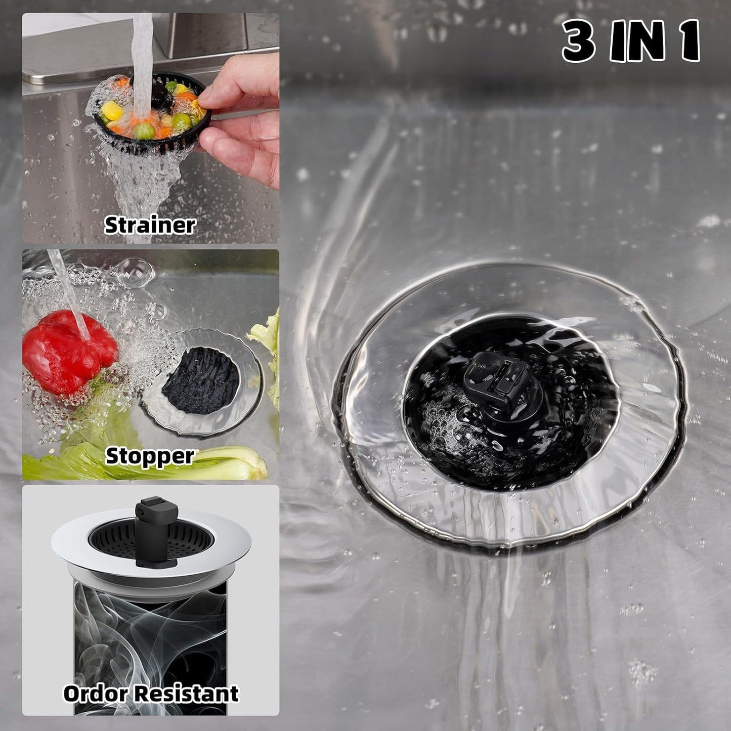 Hibbent 2 Pack Universal 3 in 1 Kitchen Sink Drain Strainer with Sink Stopper, Chrome Stainless Steel Wraped Shell, Anti-Clogging Basket Strainer with Handle, Fit for US Standard 3-1/2" Drain, Black