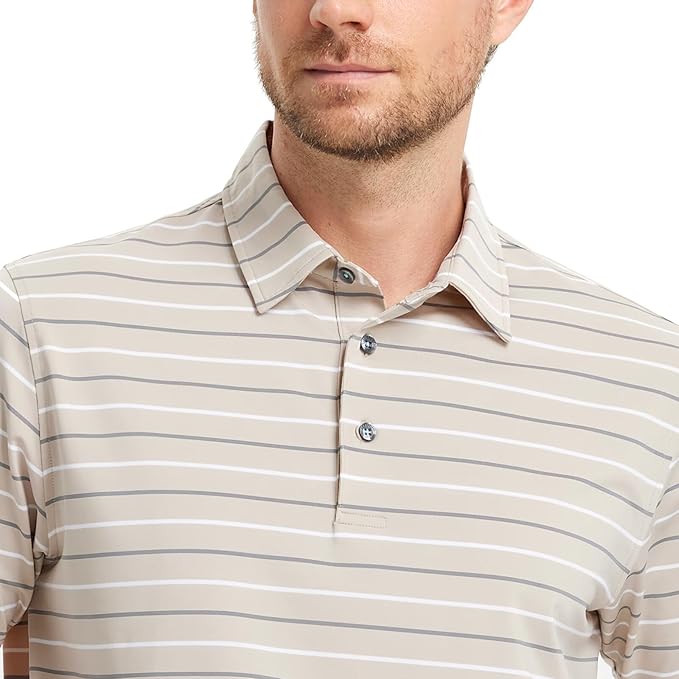 Rouen Mens Golf Shirt Moisture Wicking Dry Fit Performance Stripe Casual Collared Short Sleeve Golf Polo Shirts for Men