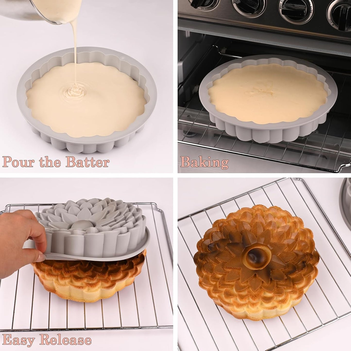 Sakolla 3 Pack Flower Shape Silicone Cake Molds, Large Round Silicone Molds for Baking Cake, Breads, Pies, Tarts, Jello (Rose, Chrysanthemum, Sunflower)