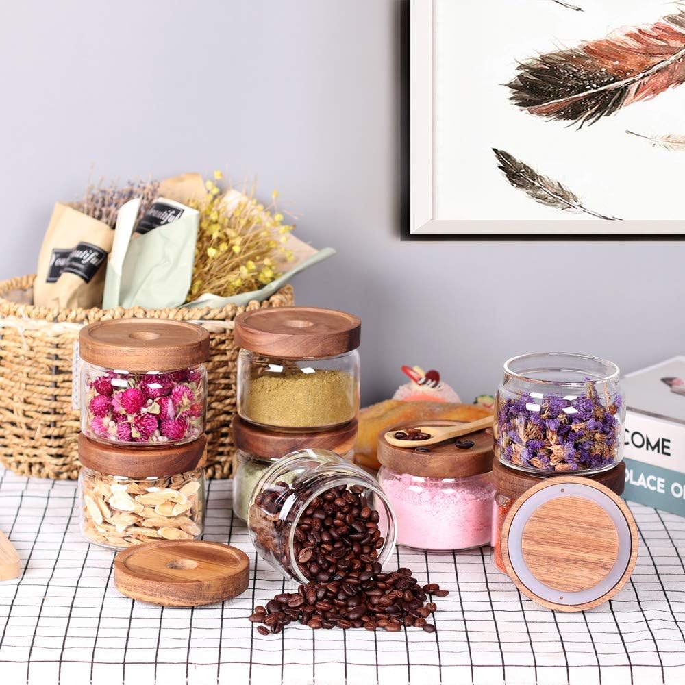 8 Pcs Spice Containers - 8.5oz Glass Spice Jars With Acacia Airtight Lid and Labels - Stackable Empty Round Spice Bottles for kitchen Seasoning, coffee bean, tea, suger, herbs