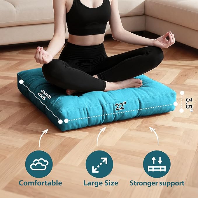 Tiita Square Outdoor Cushions Floor Pillow Thicken Tufted Seat Cushion for Adult Seating on Floor Yoga Meditation Living Room Balcony Office Indoor, Set of 2, 22x22 Inch, Blue