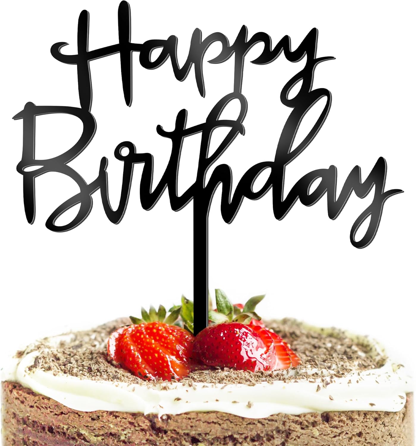 1PCS Acrylic Cake Topper, 4.7 Inches x 5.5 Inches Happy Birthday Cake Topper, Black Birthday Cake Decorations Flower Arrangements Sign for Baby Shower, Anniversary Decor