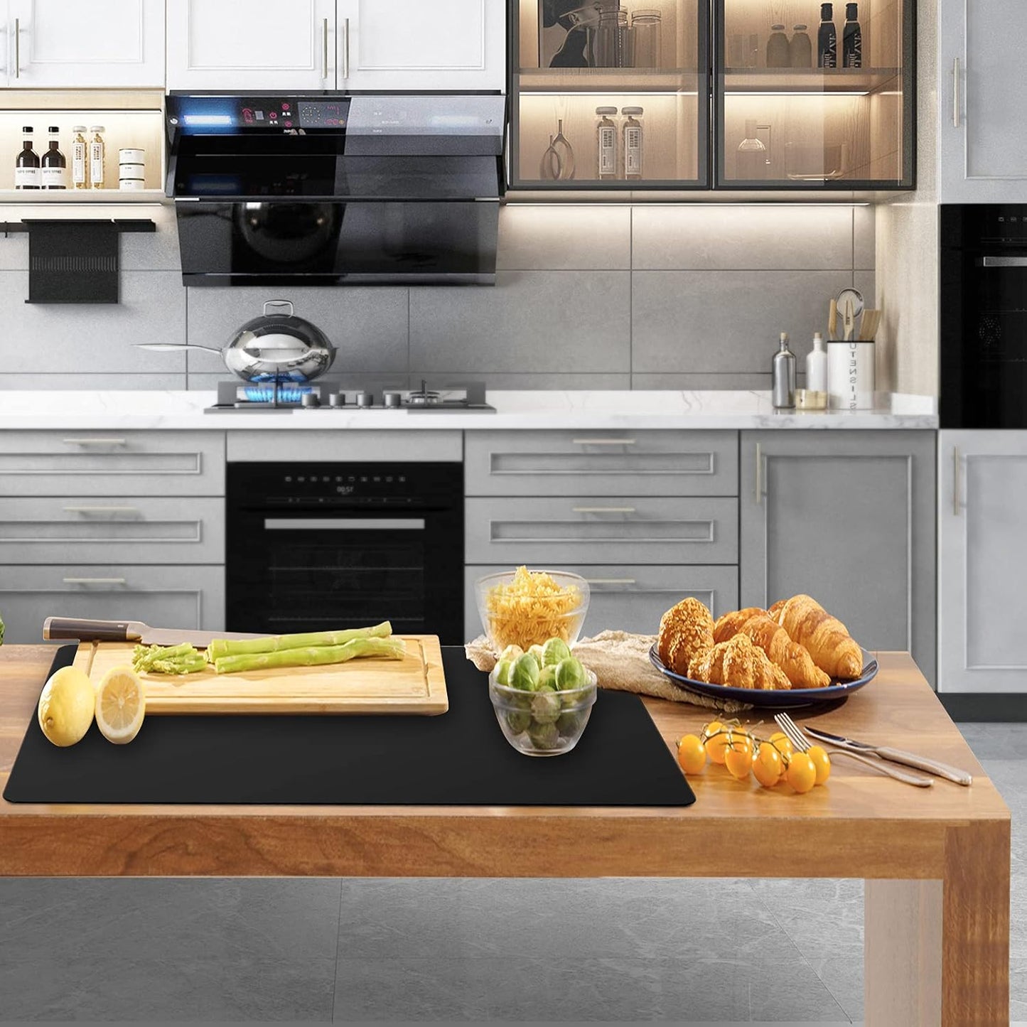 Ewen 25.6x17.7in Large Silicone Kitchen Counter Mat, 2mm Thick Heat Resistant Countertop Protector, Baking Silicone Mat under Air Fryer Toaster Oven Microwave Coffee Maker Cutting Board Drill Black