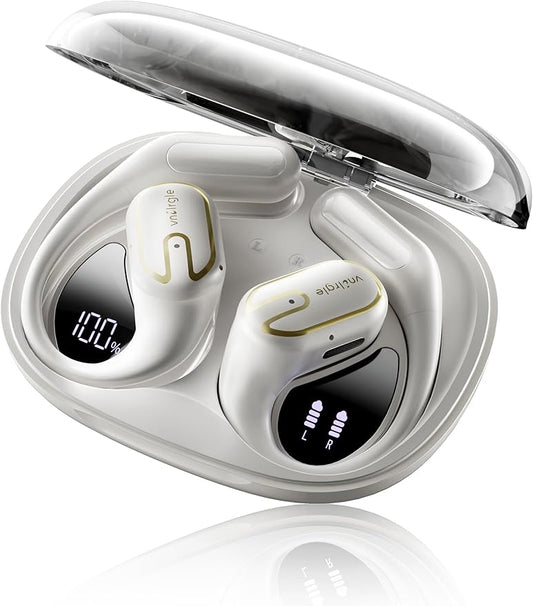 Open Ear Headphones 5.4 Bluetooth Sport Ear Buds with LED Digital Display IPX7 Waterproof, Wireless Earbuds Touch Control Air Conduction Stereo Sound with 18.2mm Drivers (Off White)