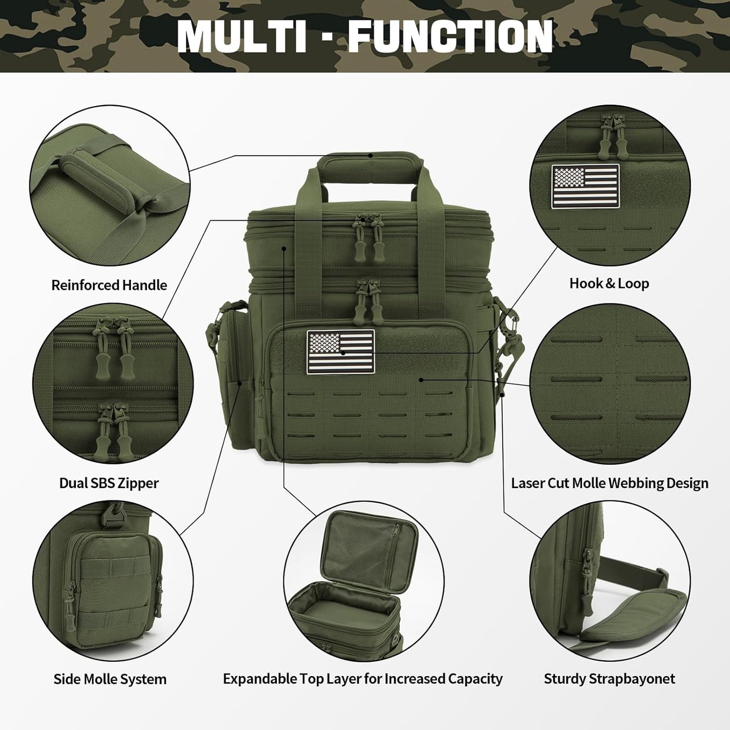 QT&QY Tactical Lunch Box for Men Expandable 18L Heavy Duty Military Insulated Cooler Bag, Leakproof Thermal Lunch Bag for Work Camping Outdoor Picnic Pail Adult Meal MOLLE Webbing Green