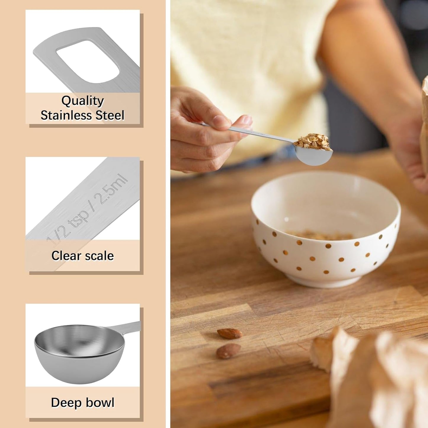 2PCS 1/2tsp (1/6tbsp, 2.5ml) Single Measuring Spoon, Stainless Steel Individual Teaspoons Only