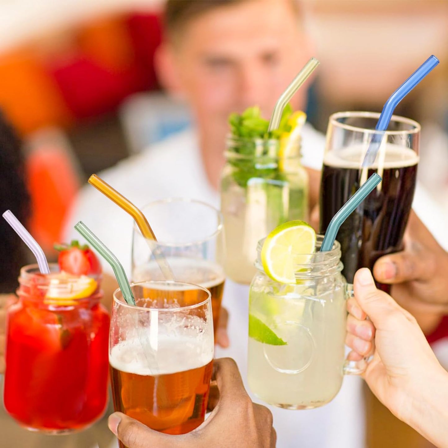 10 Pcs Reusable Bent Glass Drinking Straws,9''x10 mm Colorful Glass Straws for Beverages, Shakes, Milk Tea, Juices,Set of 10 Bent with 2 Cleaning Brushes -Shatter Resistant