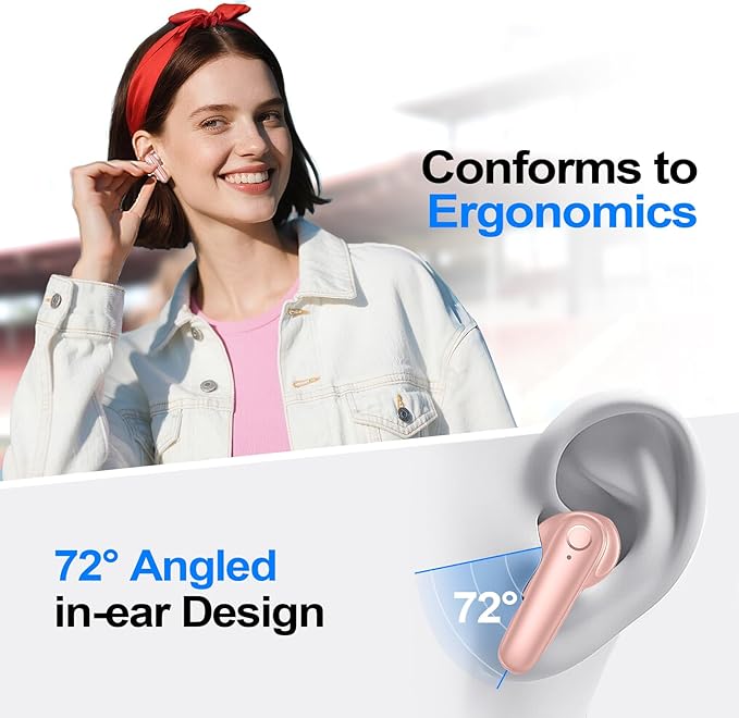 kurdene Wireless Earbuds Bluetooth 5.4 Headphones 60H Playtime Deep Bass Stereo Ear Buds with Mic Comfort Lightweight in Ear Earphones for Workout/Running Pink
