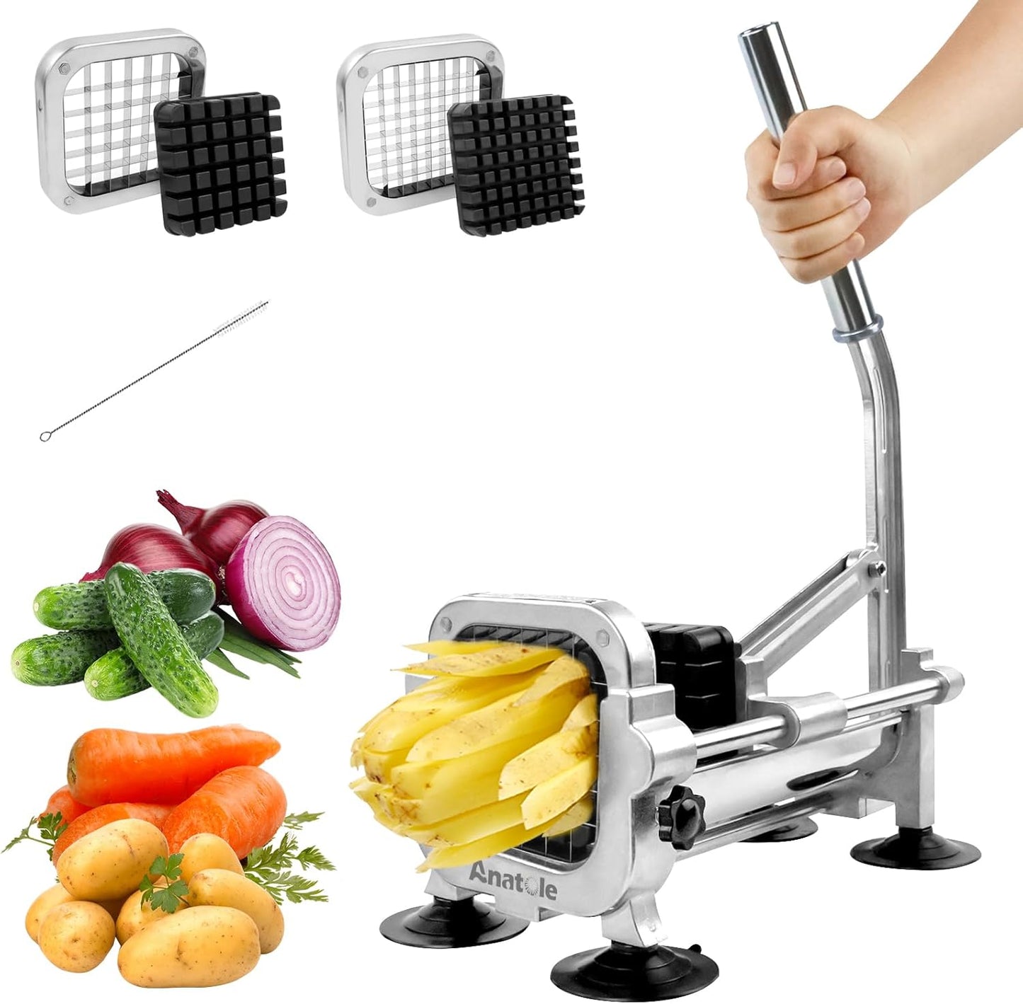 Anatole Professional French Fry Cutter Stainless Steel with 3/8'' 1/2'' Blades Manual Potato Slicer Veggie Chopper Homestyle Dicer for Onions Carrots Cucumbers