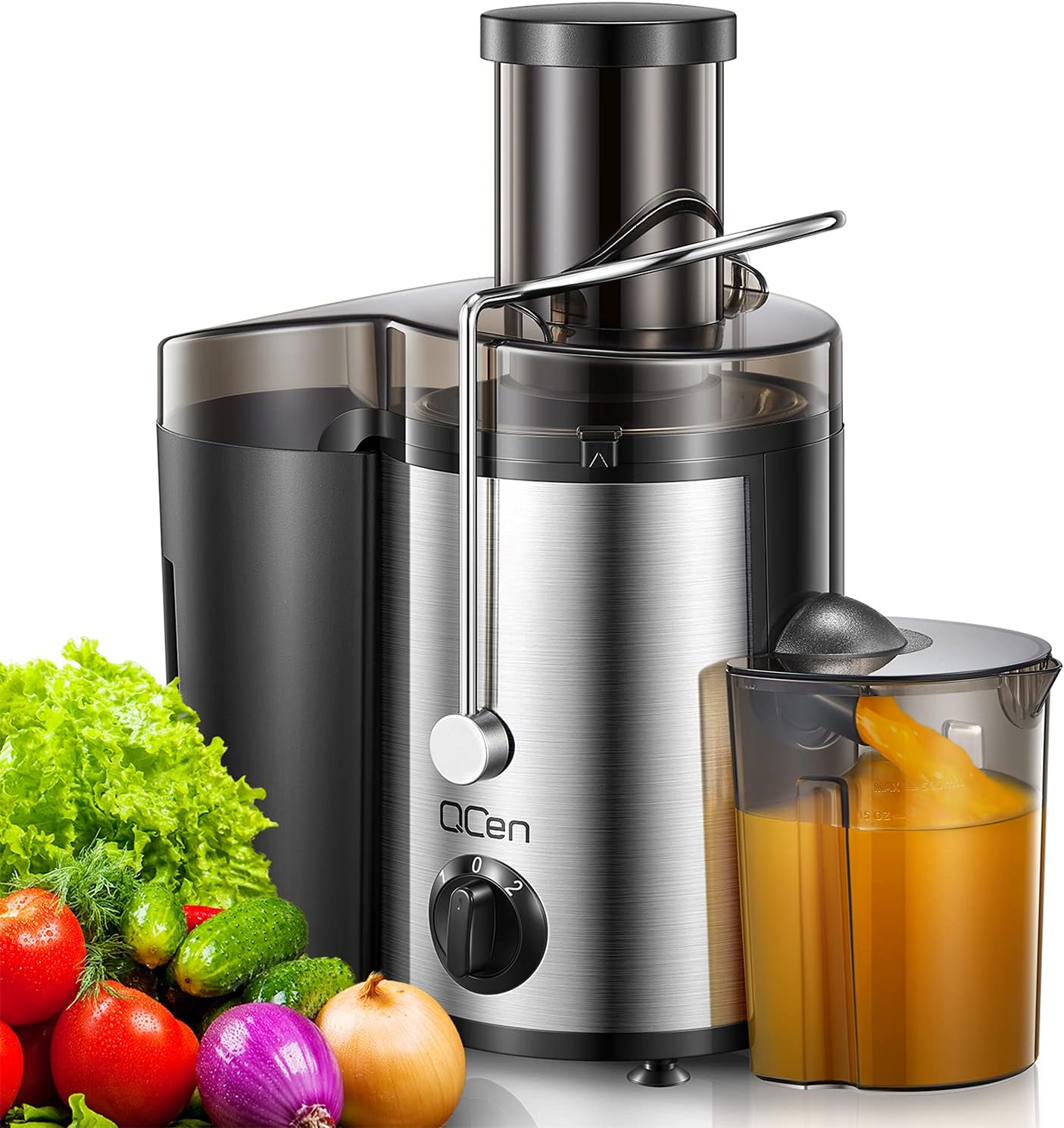 QCen Juicer Machine, 500W Centrifugal Juicer Extractor with Wide Mouth 3” Feed Chute for Fruit Vegetable, Easy to Clean, Stainless Steel, BPA-free (Black)