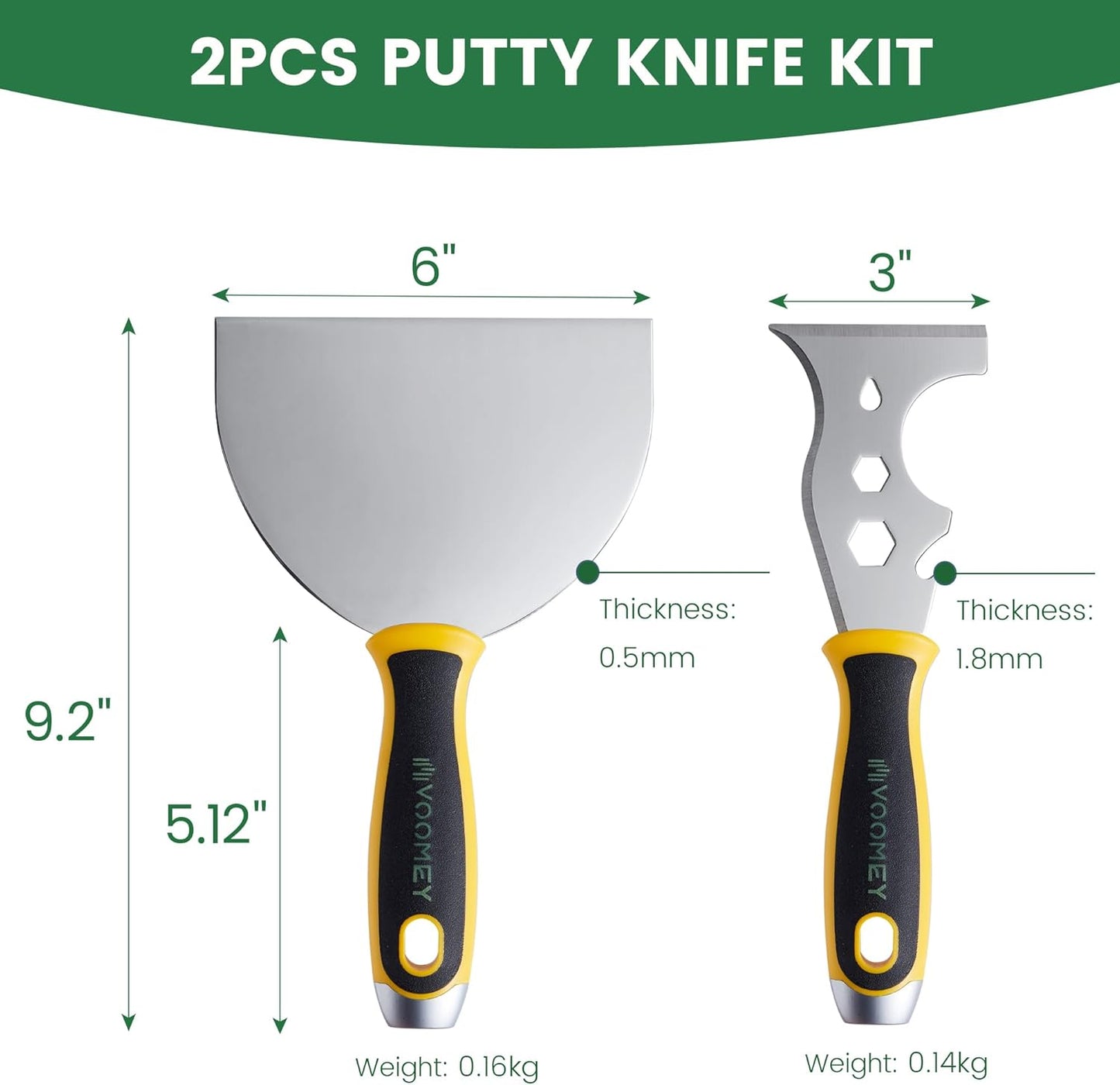 Voomey 12 In 1 Putty Knife Scraper, 6-Inch Stainless Steel Paint Scraper, Drywall Taping Knife 2 Pack, Paint Scraper Tool for Repairing Old Walls, Cleaning Paint Roller Covers, Applying Putty