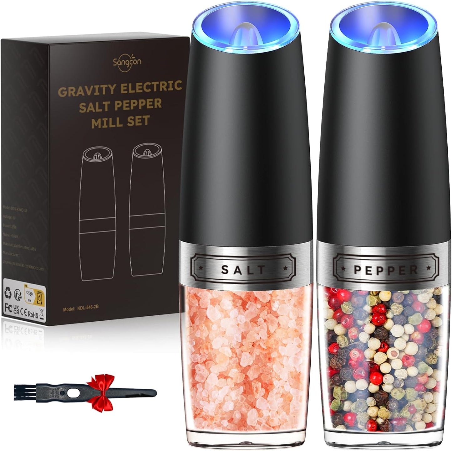 Sangcon Gravity Electric Salt and Pepper Grinder Set Automatic Shakers Mill Grinder with LED Light, BATTERY POWERED Adjustable Coarseness One Hand Operation, Upgraded Larger Capacity