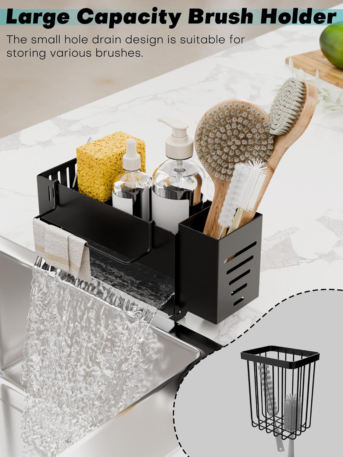 Sponge Holder for Kitchen Sink, Space-Saving Sink Caddy with Brush Holder, Kitchen Countertop Organizers and Storage Essentials, Rustproof & Slip Resistant
