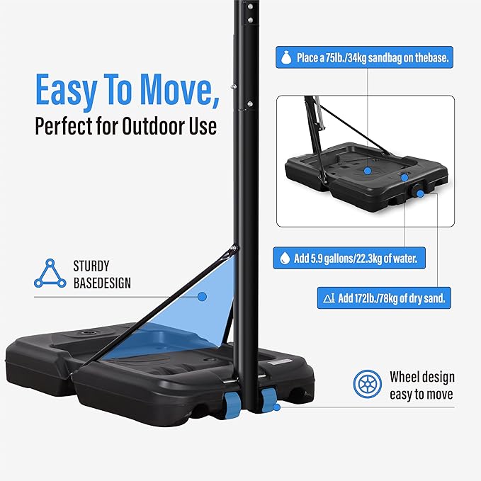 Portable Basketball Hoop Outdoor, 4.8-10FT Height Adjustable Basketball Hoop Goal System with 44-48 Inch Impact Backboard and Portable Wheels for Adults