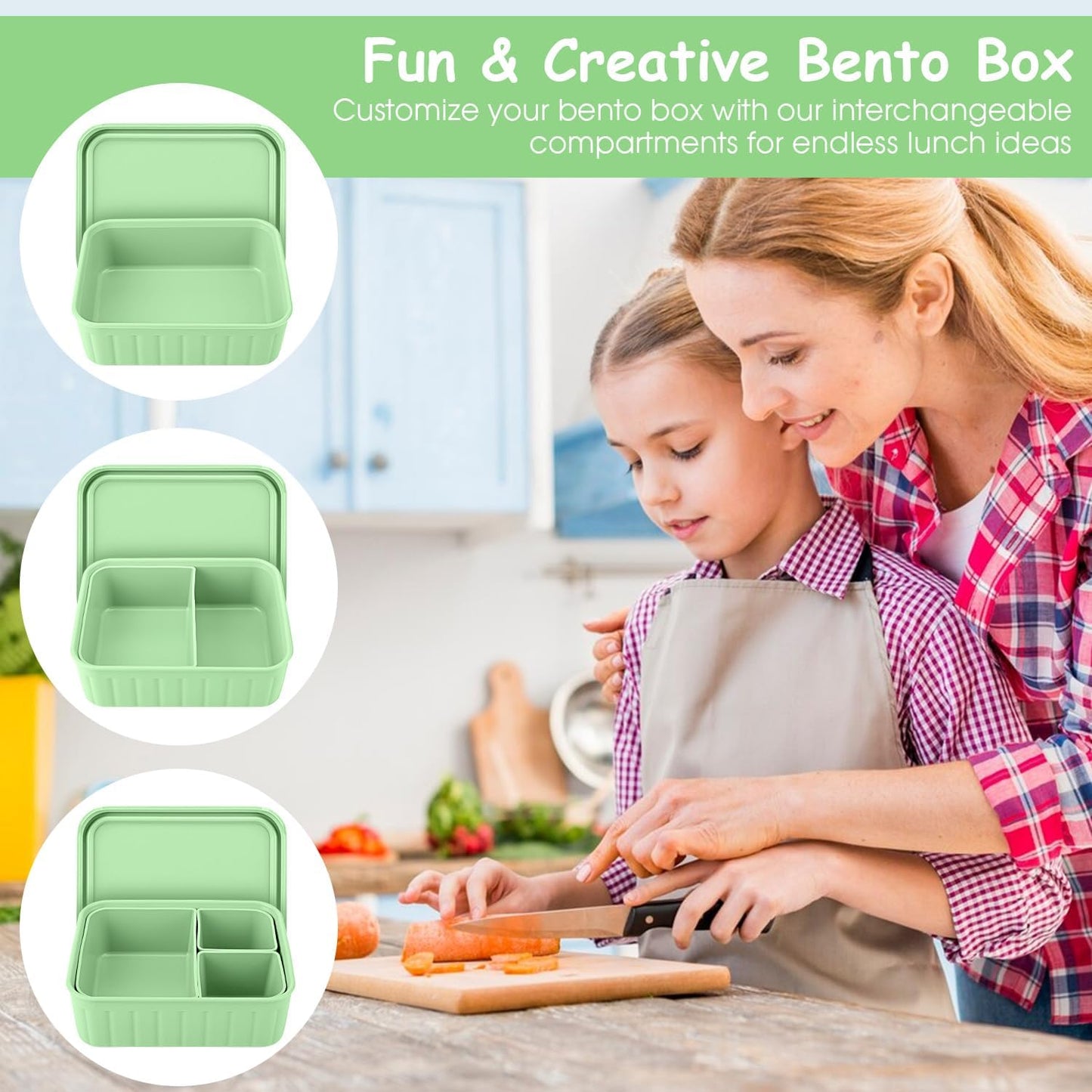 Bento Lunch Box for Kids-Reusable Silicone Kids Bento Box Lunch Container Leakproof Lunchbox Meal Prep Food Storage Containers with 3 Removable Compartments–Dishwasher Safe/BPA Free/Portion Control