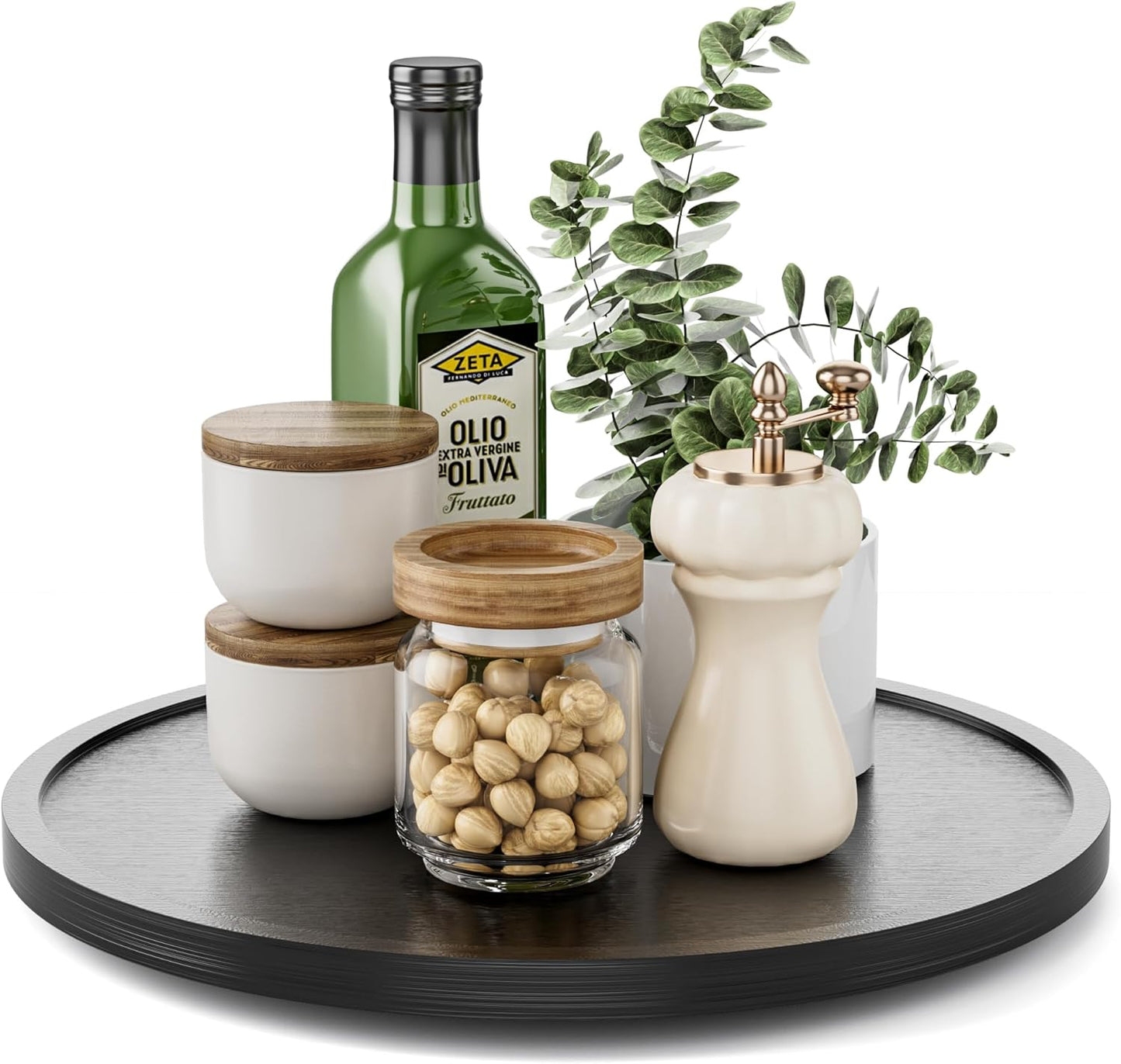 LAMU 10'' Wood Lazy Susan Organizer Turntable for Cabinet, Lazy Susan for Table Top, Pantry, Kitchen, Bathroom, Countertop, Rotating Spice Organizer, Vanity Decor Tray, Pine Wood, Black