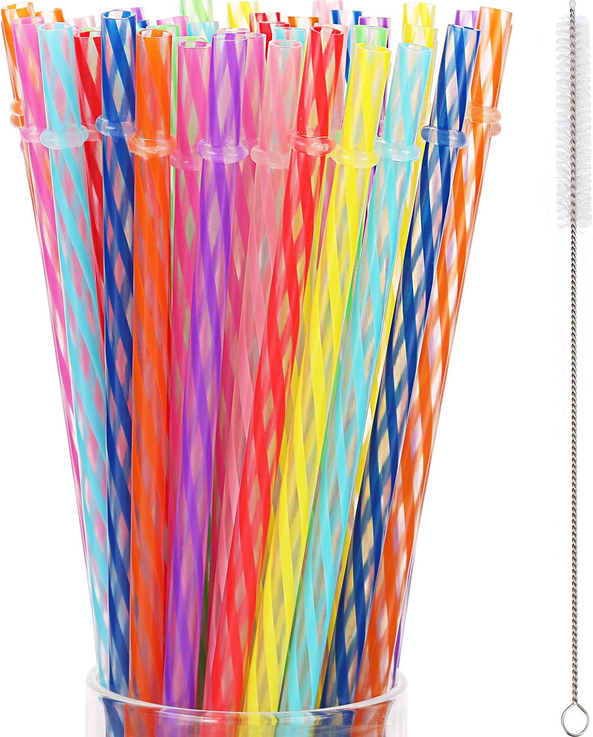 Jovitec 50 Pcs Reusable Plastic Straws with Brush 11 Inch Long Hard Plastic Straws Dishwasher Safe 10 Color Clear Replacement Drinking for 16 oz-32 oz Tumblers Cup Mason Jars Milkshakes Smoothies