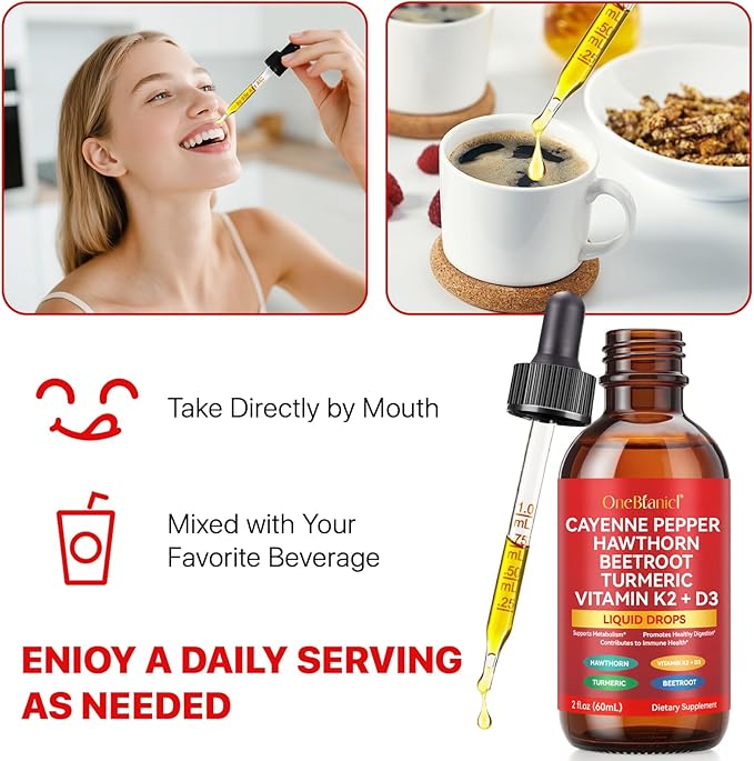 Cayenne Pepper Drops, Natural Cayenne Pepper Extract, Contains Beetroot & Turmeric & Hawthorn & Vitamin K2+D3, Natural Formula, Nutritional Supplement Drops 60ml