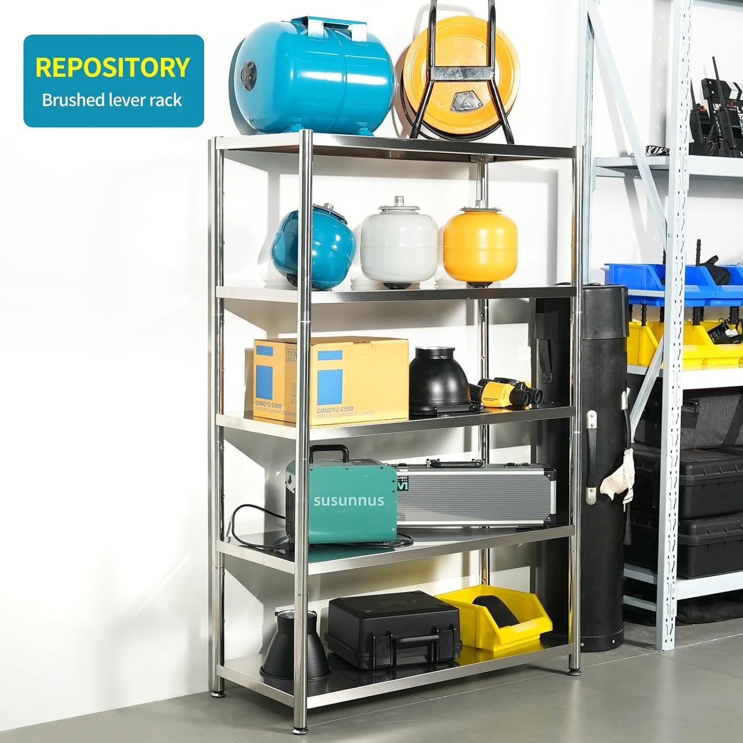 susunnus 5-Tier Stainless Steel Shelf, Heavy Duty Shelving for Kitchen, Garage, Industrial Storage, Kitchen Shelves Adjustable Feet, Easy to Clean (5T-35.8in*15.8in(Without guardrails))