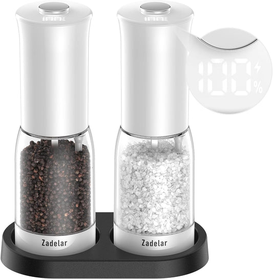 Electric Salt and Pepper Grinder Set with LED Power Display,Larger Capacity Salt and Pepper Shakers Set Rechargeable Electric with Flexible Coarsenes,LED Light,One Hand Operation for Kitchen(White)