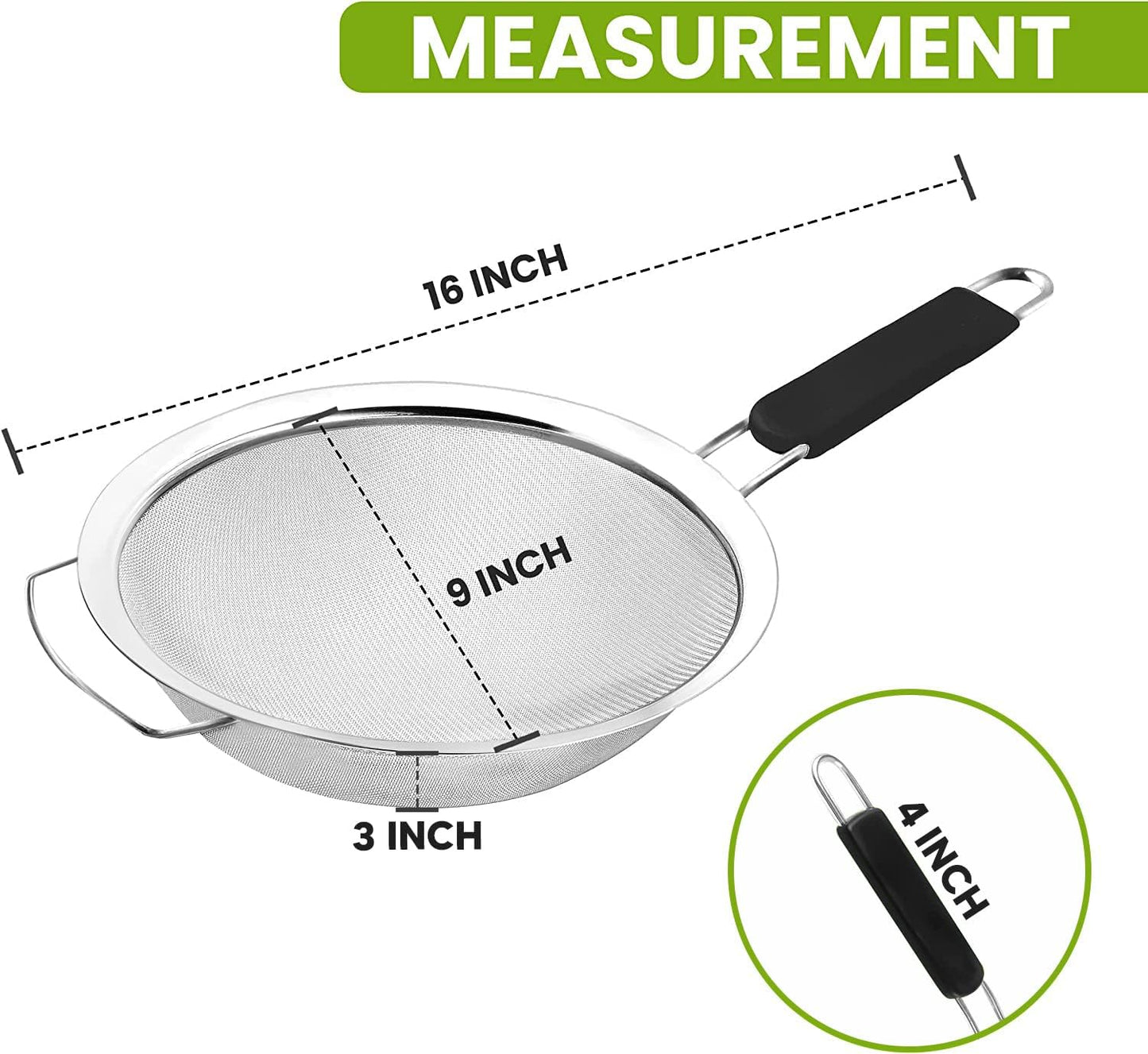 9" Large Extra Fine Mesh Strainer with Thermo Plastic Rubber Handle - Sieve Fine Mesh Stainless Steel - Ideal to Strain Pasta, Quinoa and Rice