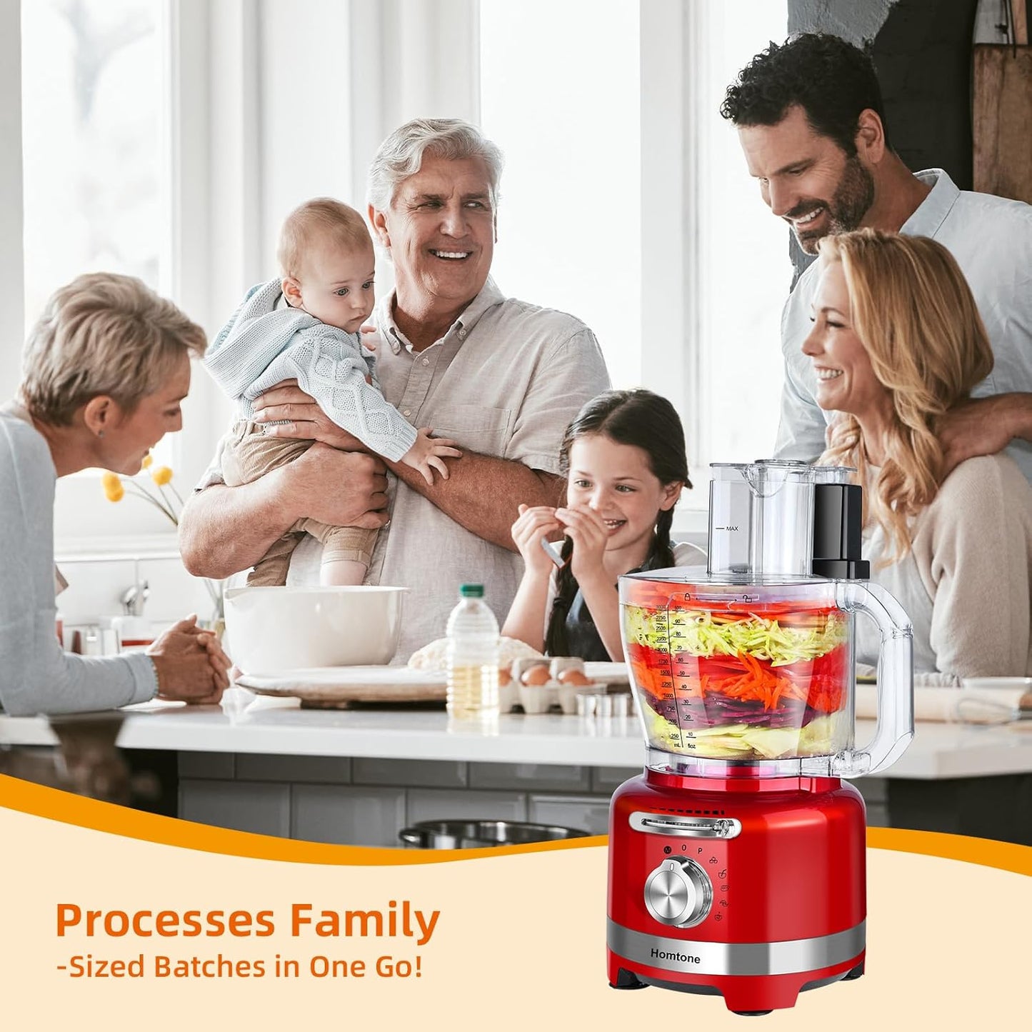 Homtone 16 Cup Food Processor, 6 Preset Modes& Stepless Speed Control for Dough Kneading, Meat Chopping, Slicing, Shredding, French Fries Potato Cuting, Cheese Grating& Whipping Cream, 650W, Red