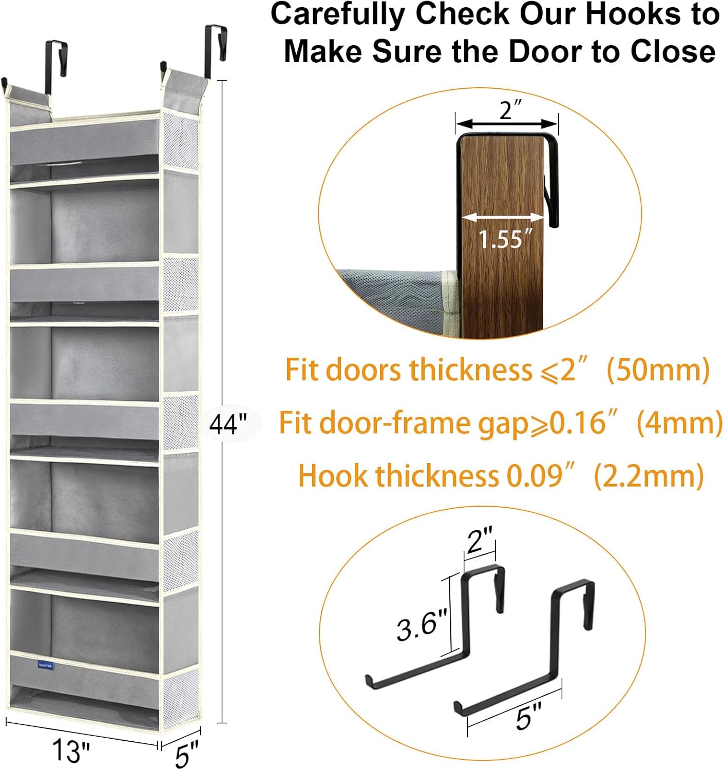 2 Pack Over The Door Hanging Organizer 5-Shelves and 10 Side Pockets, Over The Door Storage for Bathroom and Bedroom, Back of Door Organizers for Baby Products and Kid's Toys(13"x5"x44" Grey)
