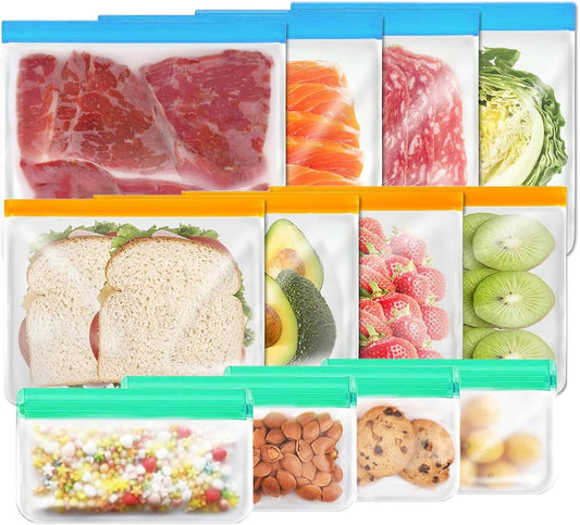 12 Pack Reusable Food Storage Bags Dishwasher Safe, Silicone Extra Thick Leak-proof Reusable Freezer Bags for Candy, Snack, Cereal, Travel Items, Home Organization