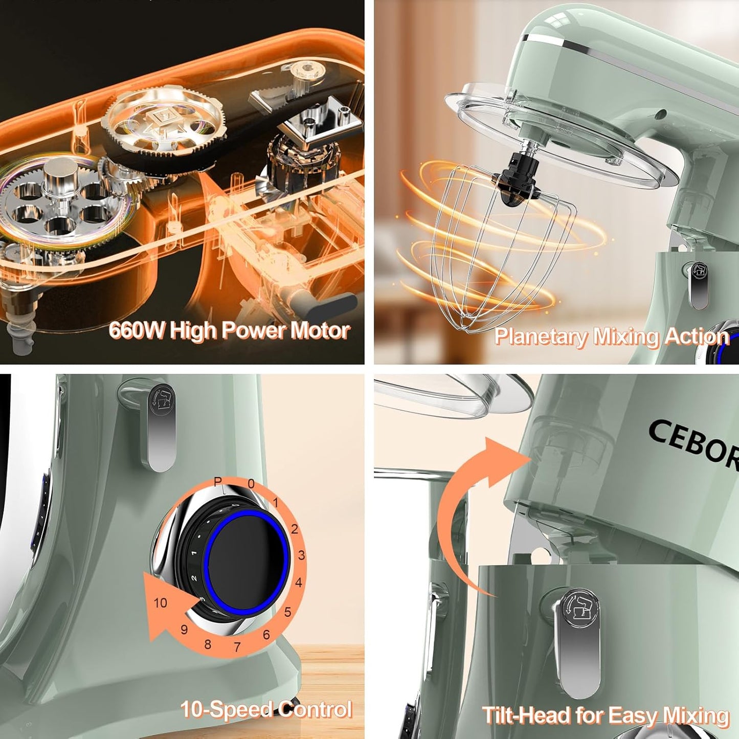 3-IN-1 Electric Stand Mixer, 6.5QT Bowl 660W 10-Speed Kitchen Mixer, Household Food Mixers include Dough Hook, Beater and Whisk, Bread Cake Mixer for Baking and Most Home Cooks, Green